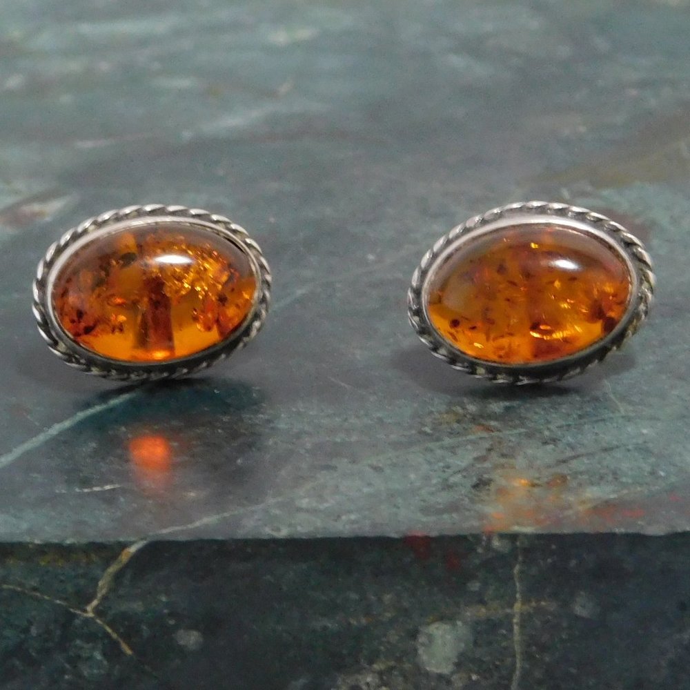 SOLD---Vintage Amber Earrings 925 Sterling Silver Stud Retro Braided Bezel